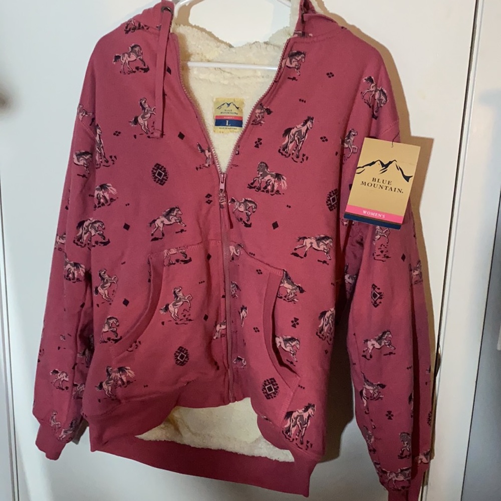 🆕NEW Women Sherpa-Lined Sweatshirt Horse Print